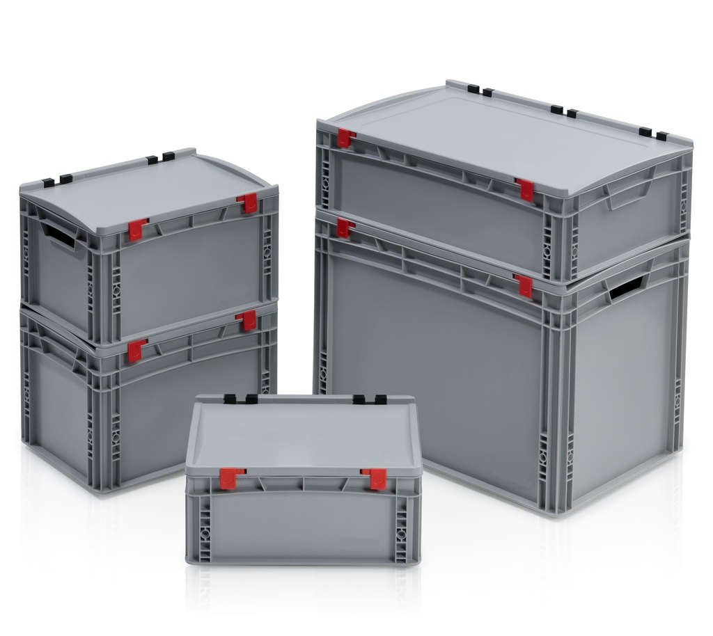 euro container plastic stivuibil cu capac, balamale si sistem de blocare